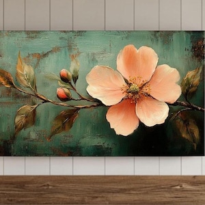 Flower Painting Frame TV Art, Antique Dark Green Peach Wildflower Screensaver, Earthy Organic Floral Vintage Botanical Summer Decor