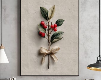 Neutral Holly Berry Christmas Print, Vintage Botanical Wall Art (Digital Download)