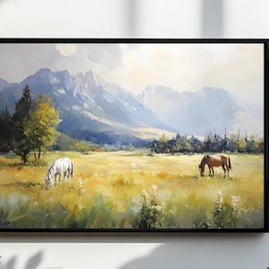 Rustic Landscape Wild Horses In Field Wall Art, Large Modern Western, American Country Digital Art | Vintage Horse Print | DOWNLOAD