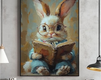 Lámina de conejo de Pascua leyendo, arte de pared para habitación infantil (descarga digital)