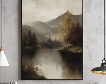 Vintage Moody Fall Lake Landscape Wall Art, Moody Fall Print, Rustic Farmhouse Decor Poster, Cozy Kitchen Thanksgiving, Digital Download