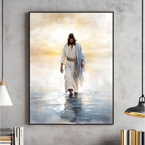 Jesus Christ Walking on Water Wall Art, Christian Art, Digital Jesus Portrait, I Will Walk With Christ LDS, Jesus Oil Painting, Bible Verse