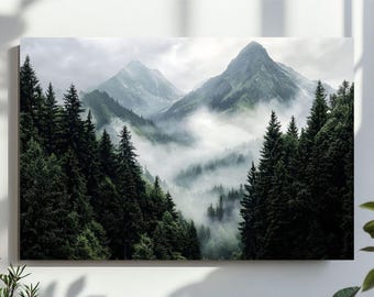 Forest Mountains Digital Wall Art, Misty Foggy Mountains Photography Print, Green Forest Landscape, Large Nature Picture, Printable Wall Art