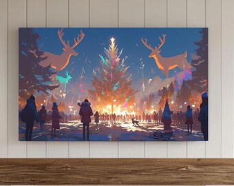 Christmas Tree Festive Frame TV Art, Gold Xmas Tree Festive Town Samsung Background, Snowy City, Winter Holiday Samsung Digital Download