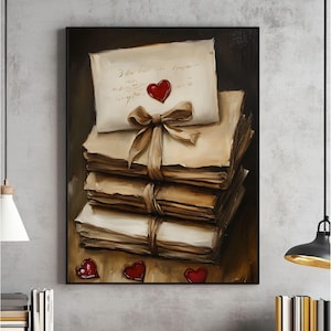 May include: A stack of old, tied letters with a red heart wax seal on the top letter. The letters are on a brown surface with three red hearts scattered around them.