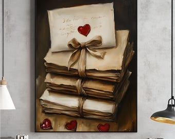 Art mural imprimable Saint-Valentin, peinture à l'huile lettres d'amour vintage nature morte, décoration cottagecore, impression d'art amour antique téléchargement numérique