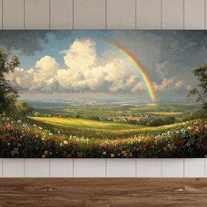 Vintage St. Patrick&#39;s Day Frame TV Wall Art, Antique Irish Landscape Oil Painting with Rainbow, Farmhouse Decor, Shamrock, Digital Download