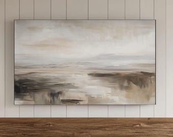 ニュートラルな抽象ベージュフレームのテレビ壁掛けアート、海岸風景画のオーシャンビーチ風景テレビダウンロード、ヴィンテージスタイルの夏のスクリーンセーバー