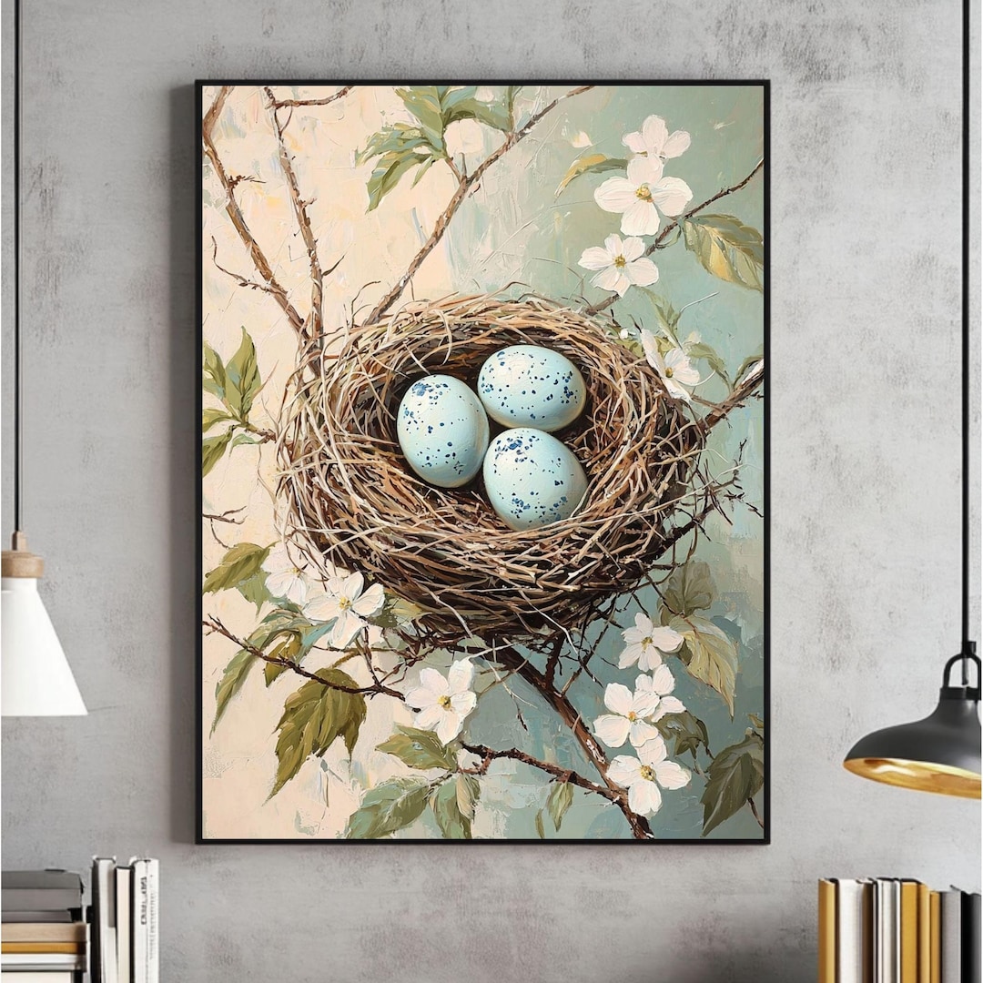 Spring Easter Nest Wall Art, Vintage Oil Painting, Digital