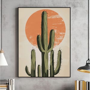 Può includere: Un'illustrazione digitale di un gruppo di cactus su uno sfondo di un grande sole arancione. I cactus sono verdi e hanno un design grafico stilizzato.