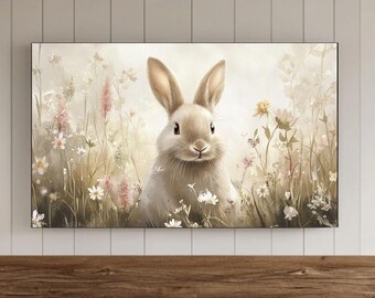 Cuadro de pared para TV con marco de conejo de Pascua, cuadro de conejo de primavera, primavera vintage, fondo de pantalla Samsung para guardería, protector de pantalla de Pascua, decoración de último momento