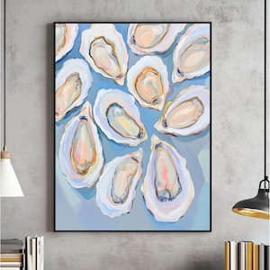 May include: A painting of a cluster of oysters on a light blue background. The oysters are painted in a realistic style with shades of white, pink, and yellow.