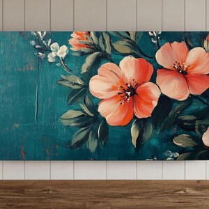 Flower Painting Frame TV Art, Antique Dark Green Peach Wildflower Screensaver, Earthy Organic Floral Vintage Botanical Summer Decor