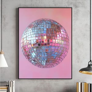 Silver Disco Ball Maximalist Printable Wall Art, Bright Pastel Pink Girly Poster, Trendy Dopamine Decor, Mirror Ball Preppy Painting