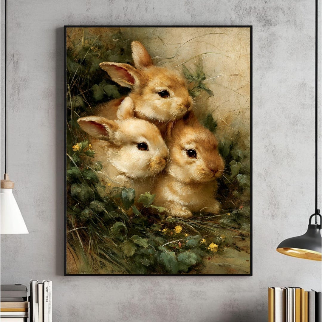 Rustic Farmhouse Rabbits Digital Wall Art, Vintage Bunny Print, Neutral ...