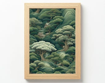 Japanese Forest Wall Art, Maximalist Poster, Sage Green Wabi Sabi
