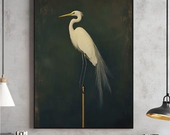 Vintage Bird Prints, Crane, Japanese Crane Painting, Antique Japanese Wall Art, Maximalist, Japandi Wall Decor, Green Instant Download
