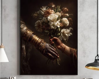 Black Love Floral Art Print, Afrocentric Couple, Romantic Decor (Digital Download)