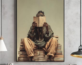 Lámina artística de mujer negra leyendo, decoración moderna de melanina (descarga digital)