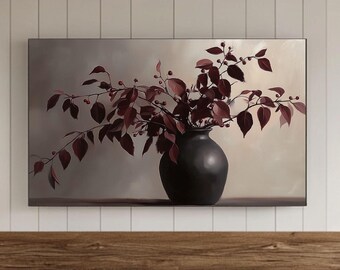 Burgundy Painting Frame TV Wall Art, DIGITAL DOWNLOAD, Vintage Fall Samsung Screensaver, Floral Background
