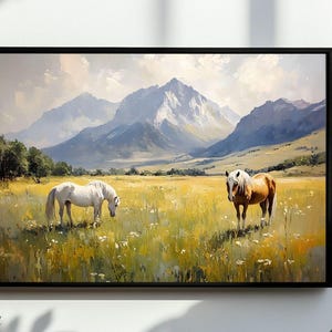 Rustic Landscape Wild Horses In Field Wall Art, Large Modern Western, American Country Digital Art | Vintage Horse Print | DOWNLOAD File