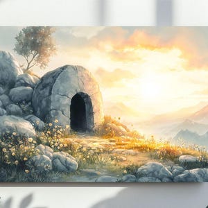 Lui è Risorto, Pittura della Tomba Vuota, Versetto della Bibbia Stampabile, File Digitale di Gesù Acquerello, Scritture di Pasqua, Stampa della Resurrezione di Gesù
