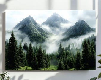 Forest Mountains Digital Wall Art, Misty Foggy Mountains Photography Print, Green Forest Landscape, Large Nature Picture, Printable Wall Art
