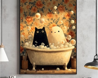 Ghost and Cat Halloween Bathroom Print, Spooky Bathtub Poster (Digital Download)