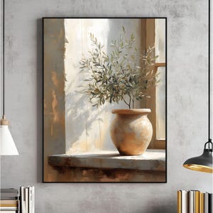 May include: A painting depicting an olive tree in a terracotta pot, positioned on a windowsill. The plant is the focal point, with the background out of focus. The painting is executed in a realistic style, featuring soft colours and brushstrokes.