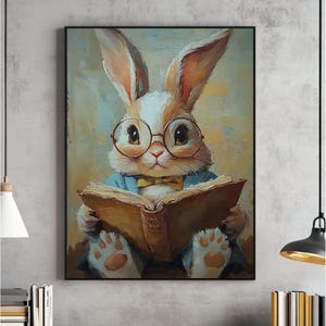 May include: A painting of a white and brown rabbit wearing round glasses and a blue shirt, reading a book. The rabbit is sitting on a brown surface with a yellow background.