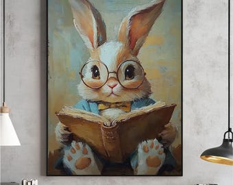 Impresión de arte de pared con lindo conejito de Pascua leyendo un libro, conejito pequeño con gafas grandes para imprimir, pintura de guardería de primavera, descarga de decoración de Light Academia
