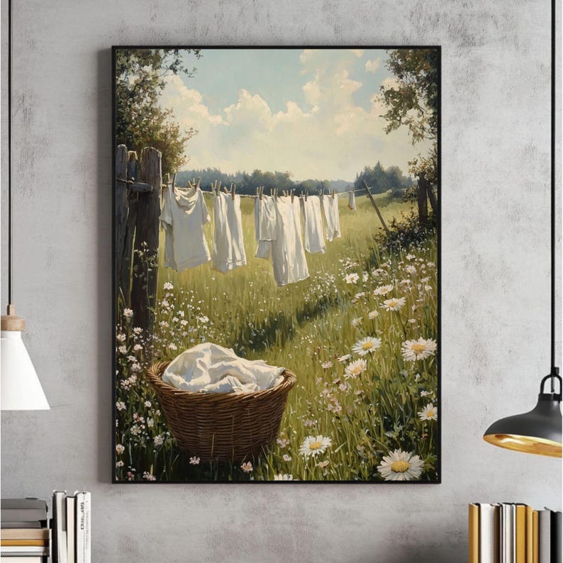 Farmhouse Laundry Day Wall Art, Printable Country Landscape Painting ...