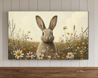 Süßer Osterhase Samsung Rahmen TV Wand Kunst, Frühling Osterdekoration Samsung Bildschirmschoner, Frühling Wildblumen Malerei, Vintage Ostern