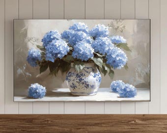 Blue Hydrangea Flower Frame TV Wall Art, Chinoiserie Wallpaper, Spring Samsung Screensaver, Neutral Floral TV Artwork, Cottage Decor