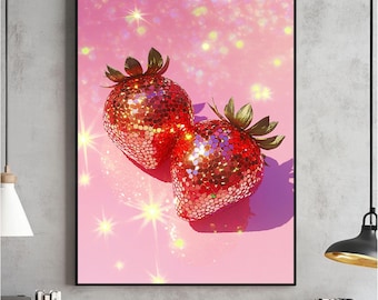Różowe truskawki dyskotekowe wydruk artystyczny, plakat ścienny, Glam Disco Ball czerwone truskawki, elegancki, modny, wystrój kuchni, cyfrowy do druku