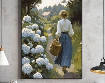 Arte mural de hortensias azules, estampado floral vintage, descarga digital romántica, pintura imprimible estilo cottagecore, decoración rústica suave