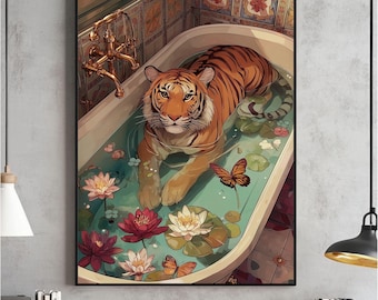 Art mural tigre tendance, affiche maximaliste, estampes éclectiques, décoration féministe, téléchargement numérique, imprimable coloré, oeuvre d'art en tube de tigre