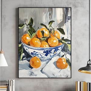 Orangen in einer Schüssel Malerei Wandkunst, Küchendekoration, Vintage Öldruck, Orange Poster, digitaler Download, druckbar