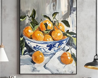 Oranges dans un bol, art mural, décoration de cuisine, impression à l'huile vintage, affiche orange, téléchargement numérique, imprimable