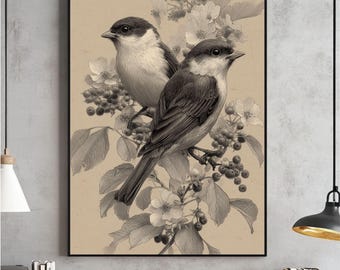 Antique Bird Botanical Print, French Country Wall Art (digital