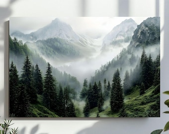 Forest Mountains Digital Wall Art, Misty Foggy Mountains Photography Print, Green Forest Landscape, Large Nature Picture, Printable Wall Art