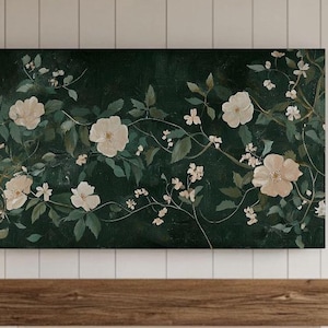 Flower Painting Frame TV Art, Antique Dark Green Peach Wildflower Screensaver, Earthy Organic Floral Vintage Botanical Summer Background