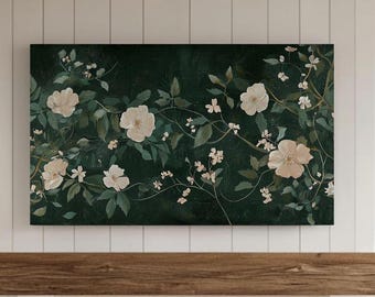 Flower Painting Frame TV Art, Antique Dark Green Peach Wildflower Screensaver, Earthy Organic Floral Vintage Botanical Summer Background