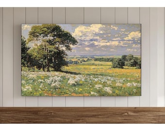 Vintage Spring Meadow Frame TV Art, Samsung Wallpaper, Spring Field Screensaver, Antique Summer Background, Spring Tv decor