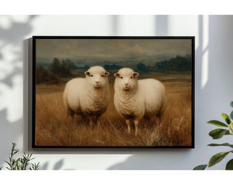 Vintage Sheep Landscape Painting, Farmhouse Nursery Decor (Digital Download)