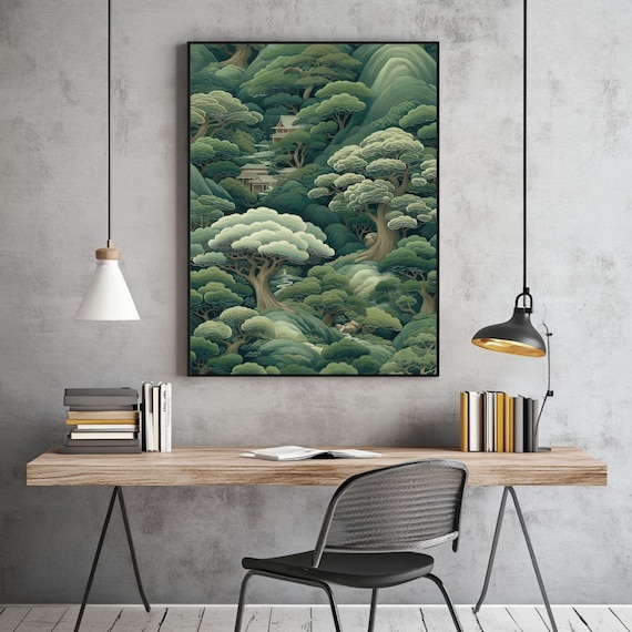 木彫りフレーム エベレスト写真 アート Japanese Forest Wall Art, Maximalist Poster, Sage Green Wabi Sabi