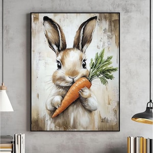Pode incluir: Uma pintura de um coelho castanho segurando uma cenoura nas suas patas. O coelho está a olhar para o observador com uma expressão doce. O fundo é castanho claro com um aspeto texturizado.