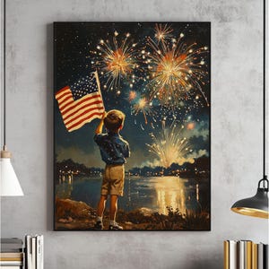 Vintage 4th of July Wall Art, Boy with American Flag and Fireworks Print, Patriotic USA Independence Day Decor, Print, Digital Download