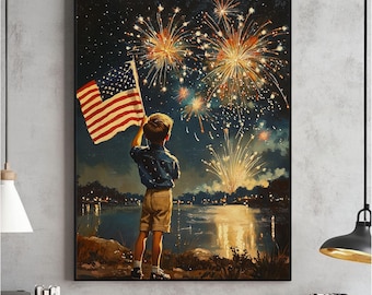 Vintage 4th of July Wall Art, Boy with American Flag and Fireworks Print, Patriotic USA Independence Day Decor, Print, Digital Download