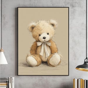 Dibujo de osito de peluche vintage para pared, impresión de género neutro, póster con ilustración vintage, decoración para habitación de bebé, descarga digital